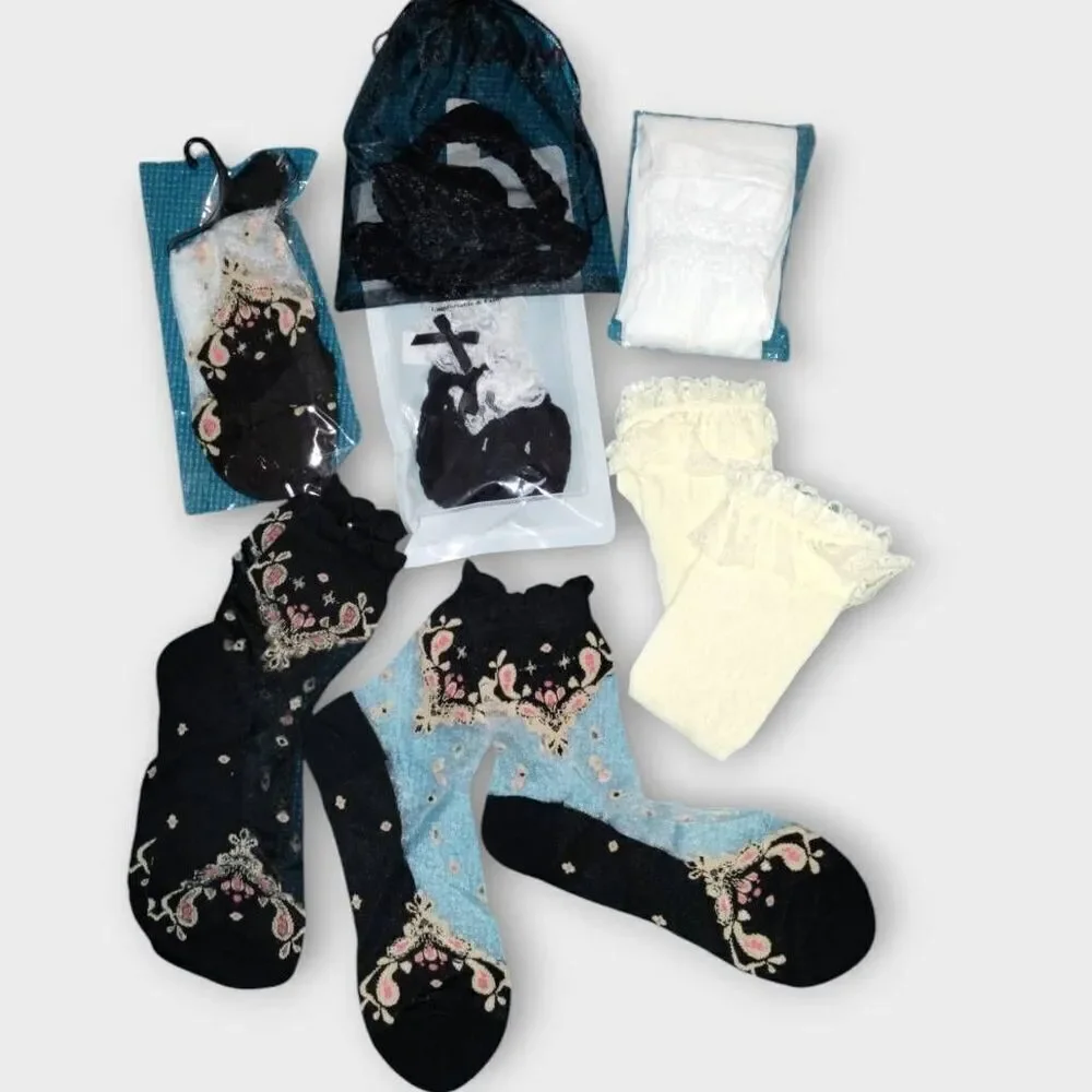Womens Socks (7) OS Ankle Ruffle Black Sheer Floral Coquette Whimsicore Princess
